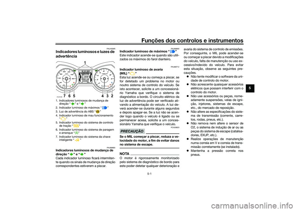 YAMAHA XMAX 125 2022 Manual de utilização (in Portuguese) Funções dos controlos e instrumentos
5-1
5
PAU4939R
Indica dores luminosos e luzes de
a d vertência
PAU88680
In dica dores luminosos de mu dança de
d ireção “ ” e “ ”
Cada indicador YAMAHA XMAX 125 2022 Manual de utilização (in Portuguese) Funções dos controlos e instrumentos
5-1
5
PAU4939R
Indica dores luminosos e luzes de
a d vertência
PAU88680
In dica dores luminosos de mu dança de
d ireção “ ” e “ ”
Cada indicador