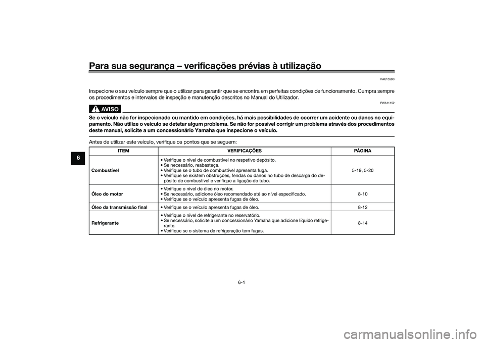 YAMAHA XMAX 125 2022  Manual de utilização (in Portuguese) Para sua segurança – verificações prévias à utilização
6-1
6
PAU1559B
Inspecione o seu veículo sempre que o utilizar para garantir que se encontra em perfeitas condições de funcionamento. 