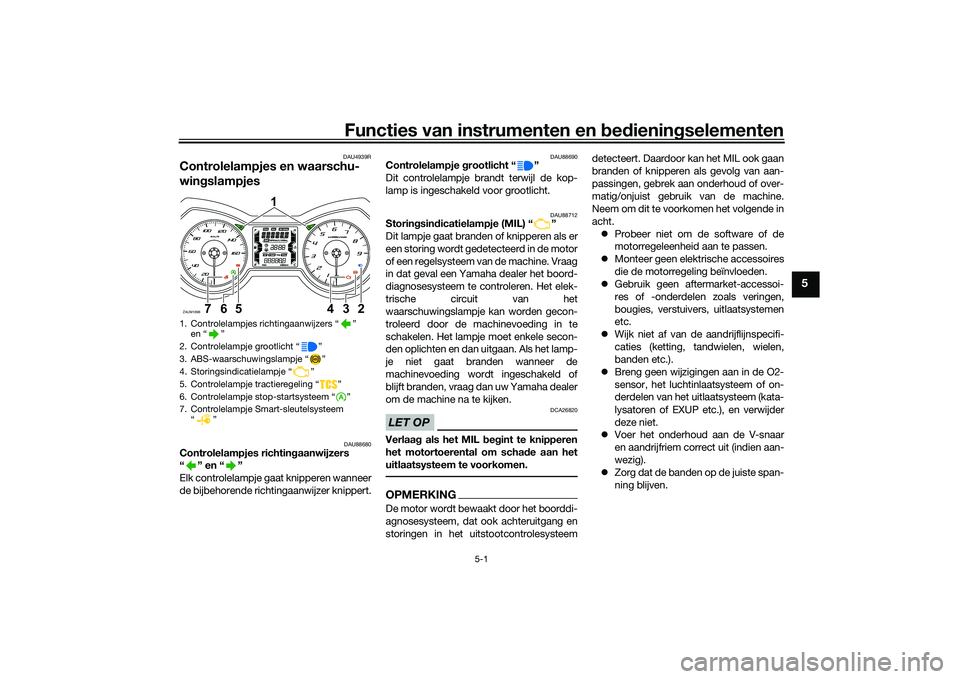 YAMAHA XMAX 125 2022 Instructieboekje (in Dutch) Functies van instrumenten en bed ienin gselementen
5-1
5
DAU4939R
Controlelampjes en waarschu-
win gslampjes
DAU88680
Controlelampjes richtin gaanwijzers
“” en“”
Elk controlelampje gaat knipp YAMAHA XMAX 125 2022 Instructieboekje (in Dutch) Functies van instrumenten en bed ienin gselementen
5-1
5
DAU4939R
Controlelampjes en waarschu-
win gslampjes
DAU88680
Controlelampjes richtin gaanwijzers
“” en“”
Elk controlelampje gaat knipp