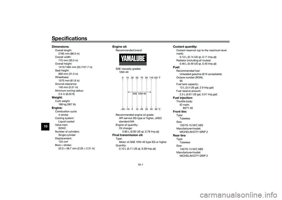 YAMAHA XMAX 125 2019  Owners Manual Specifications
10-1
10
Dimensions:Overall length:2185 mm (86.0 in)
Overall width:
775 mm (30.5 in)
Overall height: 1415/1465 mm (55.7/57.7 in)
Seat height: 800 mm (31.5 in)
Wheelbase:
1570 mm (61.8 in