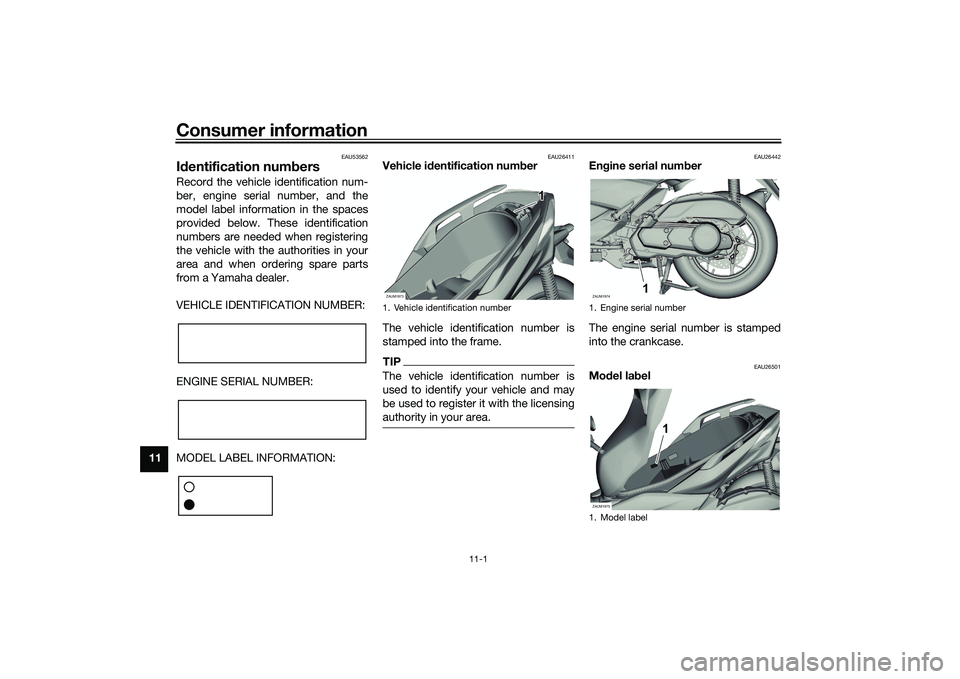 YAMAHA XMAX 125 2020 Service Manual Consumer information
11-1
11
EAU53562
Id entification num bersRecord the vehicle identification num-
ber, engine serial number, and the
model label information in the spaces
provided below. These iden