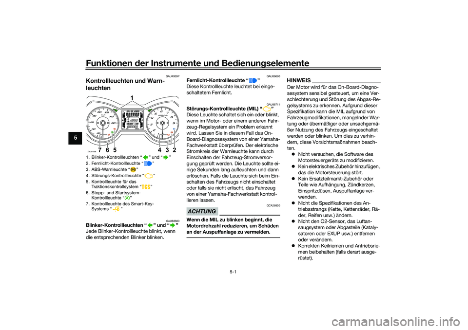 YAMAHA XMAX 125 2021 Betriebsanleitungen (in German) Funktionen der Instru mente un d Be dienun gselemente
5-1
5
GAU4939P
Kontrollleuchten un d Warn-
leuchten
GAU88680
Blinker-Kontrollleuchten “ ” un d“”
Jede Blinker-Kontrol lleuchte blinkt, wen YAMAHA XMAX 125 2021 Betriebsanleitungen (in German) Funktionen der Instru mente un d Be dienun gselemente
5-1
5
GAU4939P
Kontrollleuchten un d Warn-
leuchten
GAU88680
Blinker-Kontrollleuchten “ ” un d“”
Jede Blinker-Kontrol lleuchte blinkt, wen