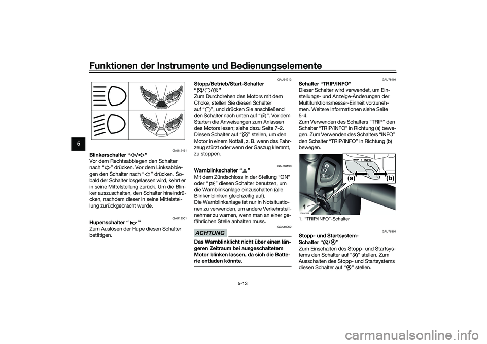 YAMAHA XMAX 125 2021 Betriebsanleitungen (in German) Funktionen der Instru mente un d Be dienun gselemente
5-13
5
GAU12461
Blinkerschalter “ / ”
Vor dem Rechtsabbiegen den Schalter
nach “ ” drücken. Vor dem Linksabbie-
gen den Schalter nach YAMAHA XMAX 125 2021 Betriebsanleitungen (in German) Funktionen der Instru mente un d Be dienun gselemente
5-13
5
GAU12461
Blinkerschalter “ / ”
Vor dem Rechtsabbiegen den Schalter
nach “ ” drücken. Vor dem Linksabbie-
gen den Schalter nach