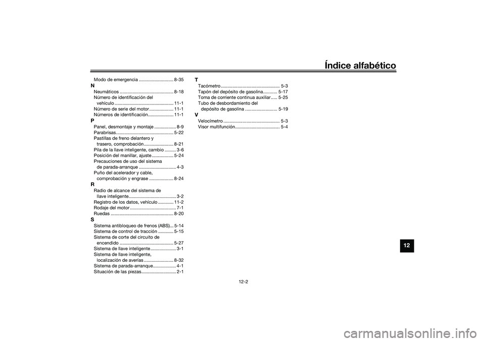 YAMAHA XMAX 125 2019  Manuale de Empleo (in Spanish) Índice alfabético
12-2
12
Modo de emergencia ........................... 8-35NNeumáticos .......................................... 8-18
Número de identificación del 
vehículo ..................