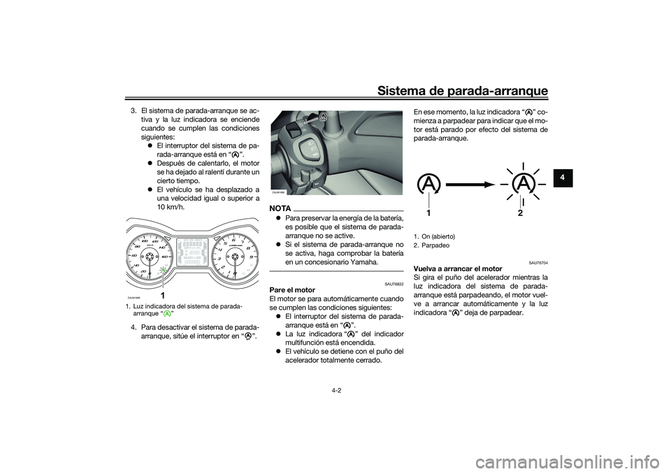 YAMAHA XMAX 125 2020 Manuale de Empleo (in Spanish) Sistema de para da-arranque
4-2
4
3. El sistema de parada-arranque se ac-
tiva y la luz indicadora se enciende
cuando se cumplen las condiciones
siguientes: El interruptor del sistema de pa-
rada-a YAMAHA XMAX 125 2020 Manuale de Empleo (in Spanish) Sistema de para da-arranque
4-2
4
3. El sistema de parada-arranque se ac-
tiva y la luz indicadora se enciende
cuando se cumplen las condiciones
siguientes: El interruptor del sistema de pa-
rada-a