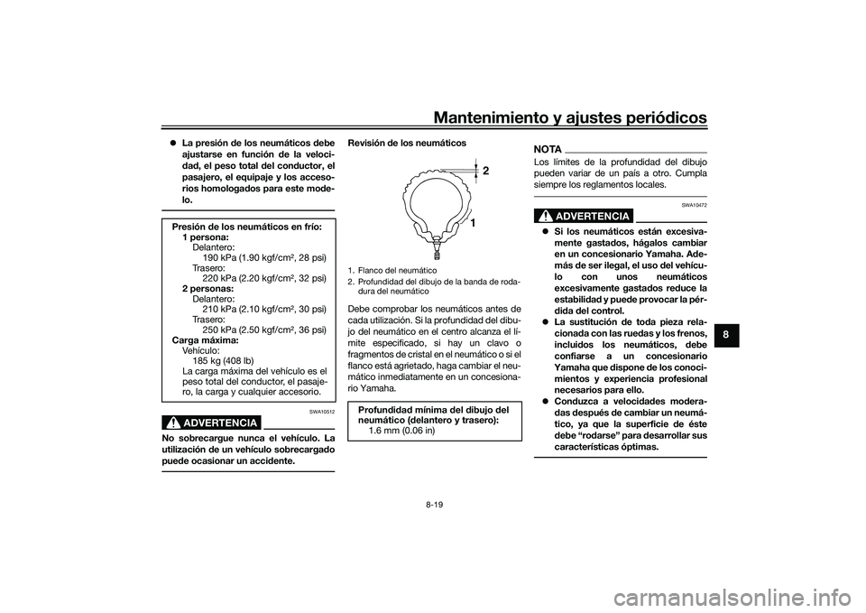 YAMAHA XMAX 125 2019 Manuale de Empleo (in Spanish) Mantenimiento y ajustes periódicos8-19
8
La presión de los neumáticos debe
ajustarse en función de la veloci-
dad, el peso total del conductor, el
pasajero, el equipaje y los acceso-
rios homol YAMAHA XMAX 125 2019 Manuale de Empleo (in Spanish) Mantenimiento y ajustes periódicos8-19
8
La presión de los neumáticos debe
ajustarse en función de la veloci-
dad, el peso total del conductor, el
pasajero, el equipaje y los acceso-
rios homol