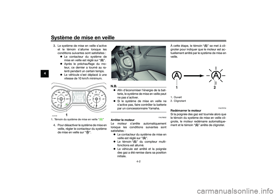 YAMAHA XMAX 125 2021  Notices Demploi (in French) Système de mise en veille
4-2
4
3. Le système de mise en veille s’active
et le témoin s’allume lorsque les
conditions suivantes sont satisfaites : Le contacteur du système de
mise en veille