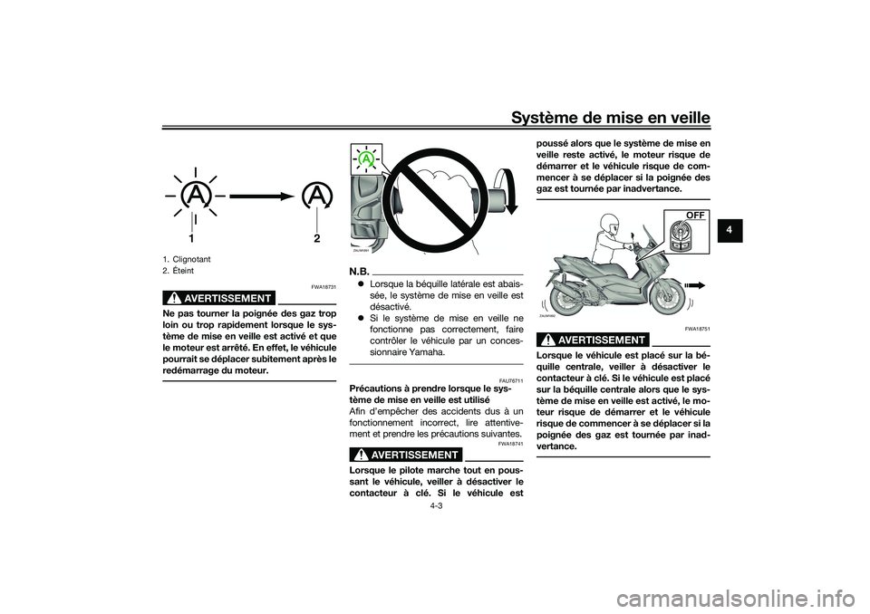 YAMAHA XMAX 125 2021  Notices Demploi (in French) Système de mise en veille
4-3
4
AVERTISSEMENT
FWA18731
Ne pas tourner la poignée  des gaz trop
loin ou trop rapi dement lorsque le sys-
tème  de mise en veille est activé et que
le moteur est arr�