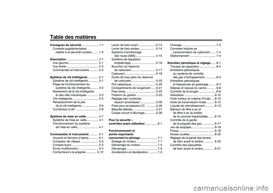 YAMAHA XMAX 125 2019  Notices Demploi (in French) Table des matièresConsignes  de sécurité ..................... 1-1
Conseils supplémentaires  relatifs à la sécurité routière ........ 1-5
Description ....................................... 2-