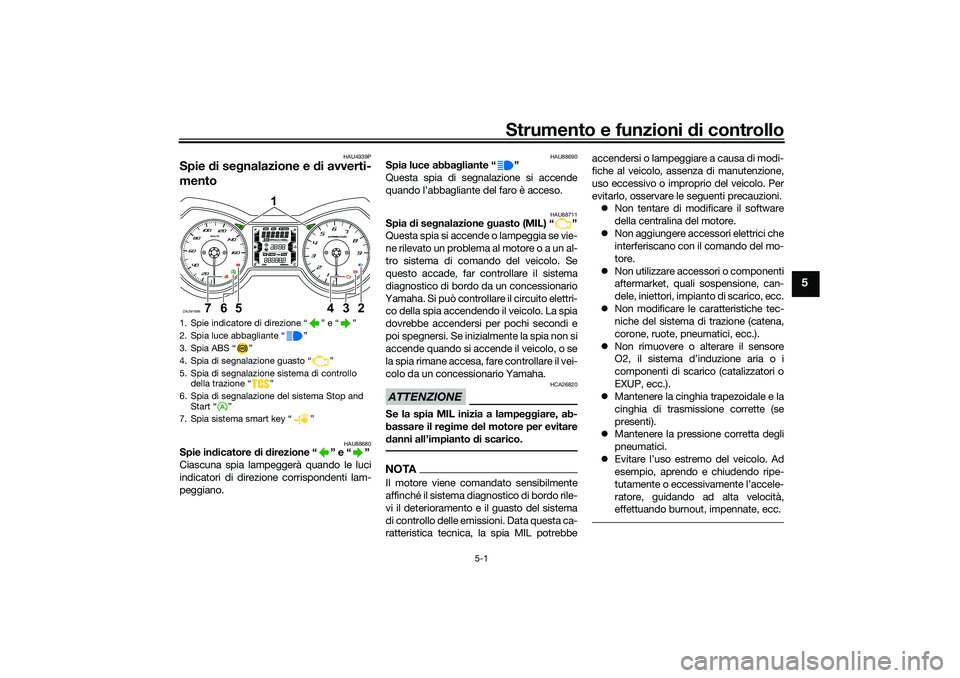YAMAHA XMAX 125 2021 Manuale duso (in Italian) Strumento e funzioni di controllo
5-1
5
HAU4939P
Spie di se gnalazione e d i avverti-
mento
HAU88680
Spie in dicatore di d irezione “ ” e “ ”
Ciascuna spia lampeggerà quando le luci
indicat YAMAHA XMAX 125 2021 Manuale duso (in Italian) Strumento e funzioni di controllo
5-1
5
HAU4939P
Spie di se gnalazione e d i avverti-
mento
HAU88680
Spie in dicatore di d irezione “ ” e “ ”
Ciascuna spia lampeggerà quando le luci
indicat