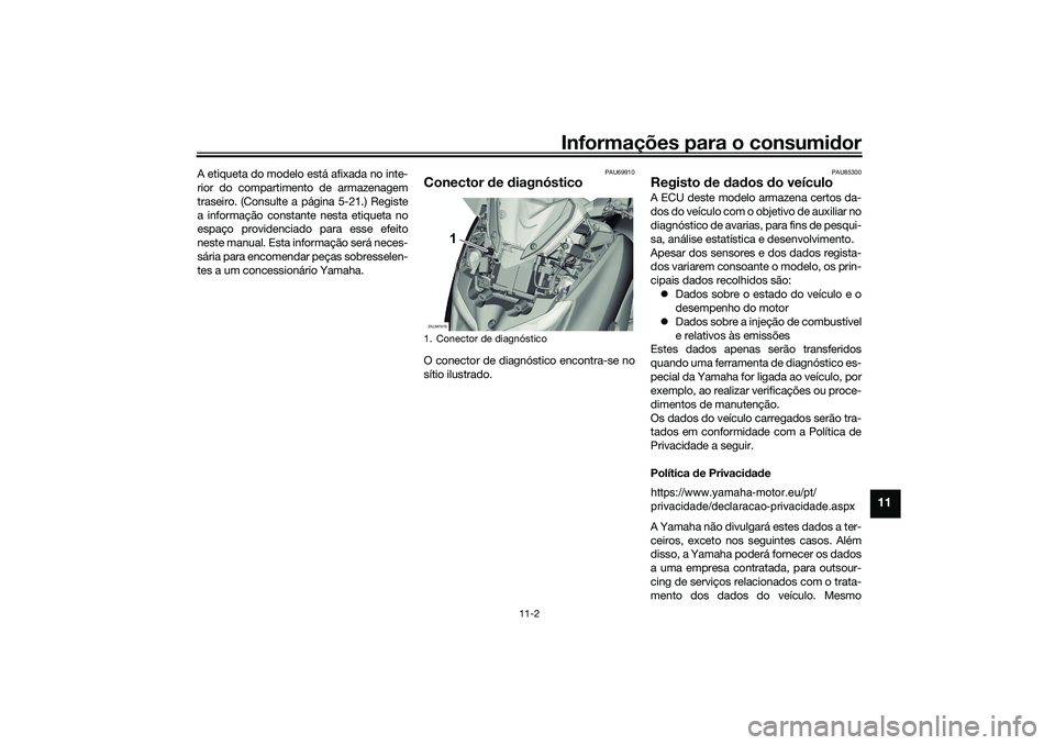 YAMAHA XMAX 125 2021  Manual de utilização (in Portuguese) Informações para o consumidor
11-2
11
A etiqueta do modelo está afixada no inte-
rior do compartimento de armazenagem
traseiro. (Consulte a página 5-21.) Registe
a informação constante nesta eti