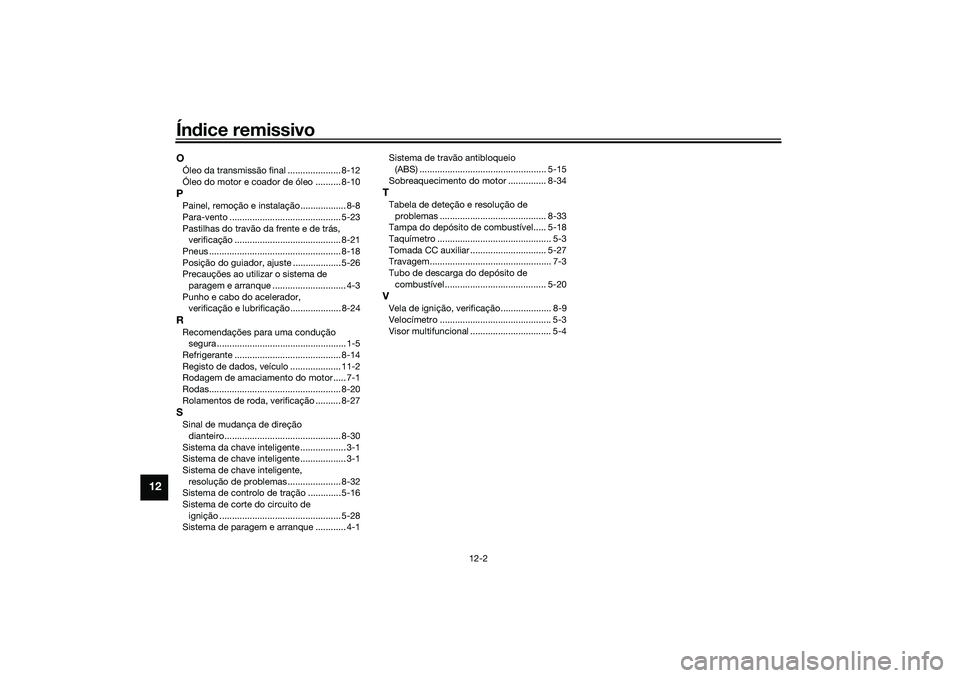 YAMAHA XMAX 125 2021  Manual de utilização (in Portuguese) Índice remissivo
12-2
12
OÓleo da transmissão final ..................... 8-12
Óleo do motor e coador de óleo .......... 8-10PPainel, remoção e instalação .................. 8-8
Para-vento ..