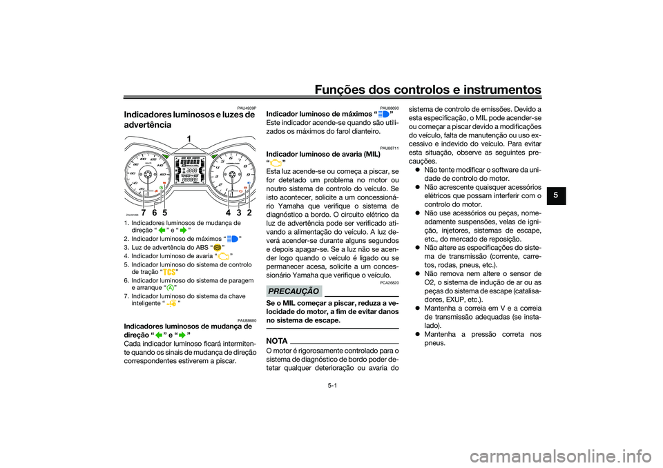 YAMAHA XMAX 125 2021 Manual de utilização (in Portuguese) Funções dos controlos e instrumentos
5-1
5
PAU4939P
Indica dores luminosos e luzes de
a d vertência
PAU88680
In dica dores luminosos de mu dança de
d ireção “ ” e “ ”
Cada indicador YAMAHA XMAX 125 2021 Manual de utilização (in Portuguese) Funções dos controlos e instrumentos
5-1
5
PAU4939P
Indica dores luminosos e luzes de
a d vertência
PAU88680
In dica dores luminosos de mu dança de
d ireção “ ” e “ ”
Cada indicador