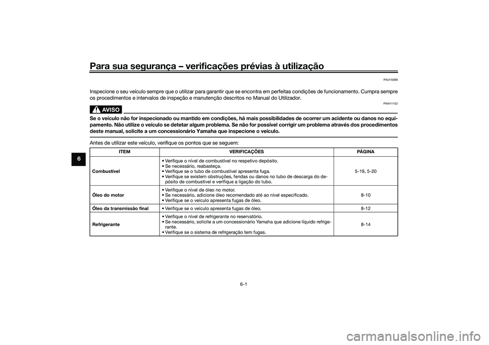YAMAHA XMAX 125 2021  Manual de utilização (in Portuguese) Para sua segurança – verificações prévias à utilização
6-1
6
PAU1559B
Inspecione o seu veículo sempre que o utilizar para garantir que se encontra em perfeitas condições de funcionamento. 