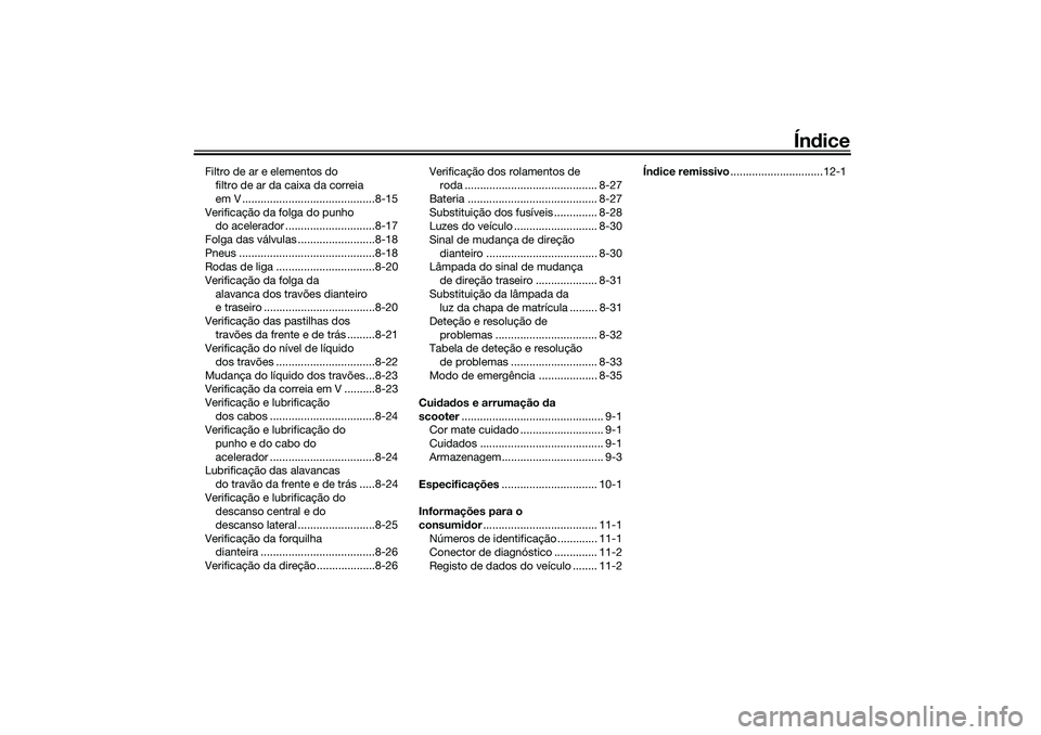 YAMAHA XMAX 125 2020  Manual de utilização (in Portuguese) Índice
Filtro de ar e elementos do 
filtro de ar da caixa da correia 
em V ...........................................8-15
Verificação da folga do punho  do acelerador .............................