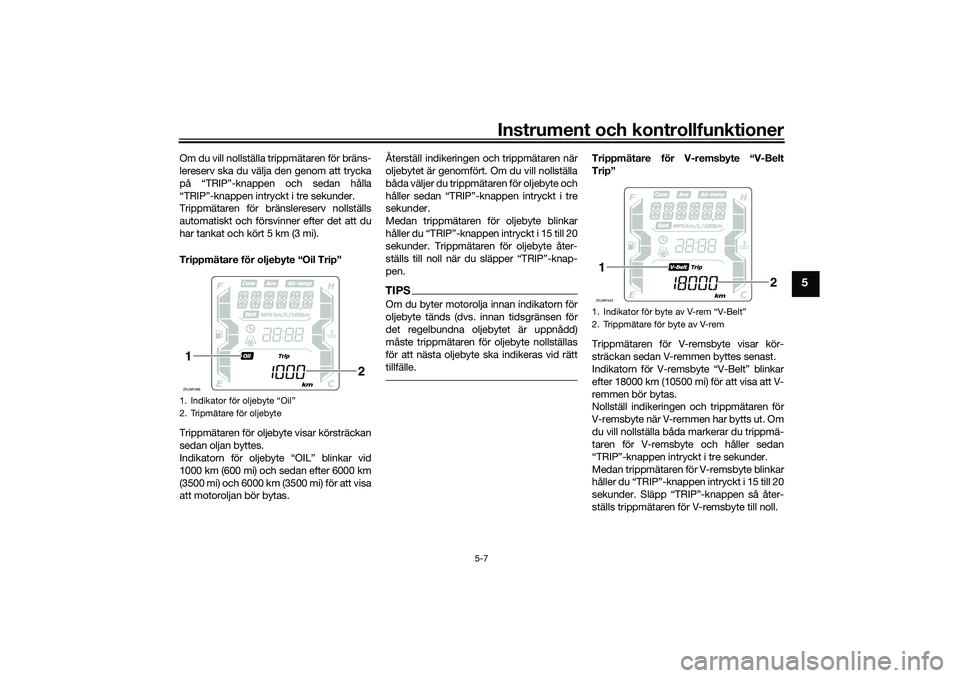 YAMAHA XMAX 125 2020 Bruksanvisningar (in Swedish) Instrument och kontrollfunktioner
5-7
5
Om du vill nollställa trippmätaren för bräns-
lereserv ska du välja den genom att trycka
på “TRIP”-knappen och sedan hålla
“TRIP”-knappen intryck YAMAHA XMAX 125 2020 Bruksanvisningar (in Swedish) Instrument och kontrollfunktioner
5-7
5
Om du vill nollställa trippmätaren för bräns-
lereserv ska du välja den genom att trycka
på “TRIP”-knappen och sedan hålla
“TRIP”-knappen intryck