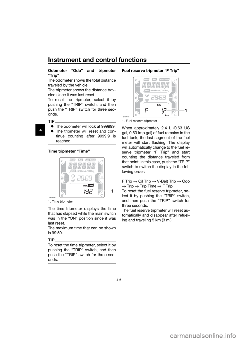 YAMAHA XMAX 125 2018 Owners Guide Instrument and control functions
4-6
4Odometer “Odo” and tripmeter
“Trip”
The odometer shows the total distance
traveled by the vehicle.
The tripmeter shows the distance trav-
eled since it wa