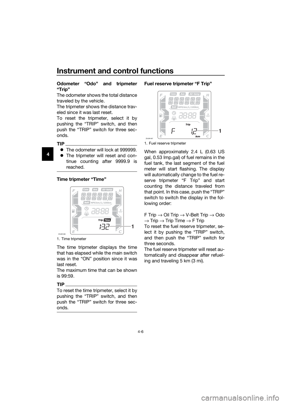 YAMAHA XMAX 125 2018  Owners Manual Instrument and control functions
4-6
4Odometer “Odo” and tripmeter
“Trip”
The odometer shows the total distance
traveled by the vehicle.
The tripmeter shows the distance trav-
eled since it wa