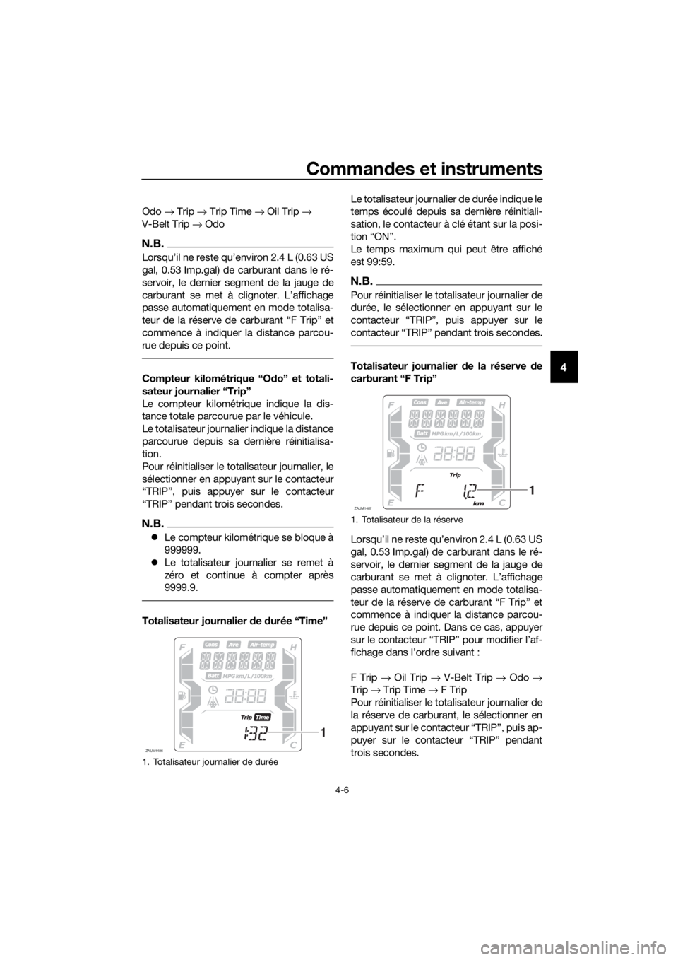 YAMAHA XMAX 125 2018 Notices Demploi (in French) Commandes et instruments
4-6
4
Odo → Trip → Trip Time → Oil Trip →
V-Belt Trip → Odo
N.B.
gal, 0.53 Imp.gal) de carburant dans le ré-
servoir, le dernier segment de la jauge de
passe aut YAMAHA XMAX 125 2018 Notices Demploi (in French) Commandes et instruments
4-6
4
Odo → Trip → Trip Time → Oil Trip →
V-Belt Trip → Odo
N.B.
gal, 0.53 Imp.gal) de carburant dans le ré-
servoir, le dernier segment de la jauge de
passe aut