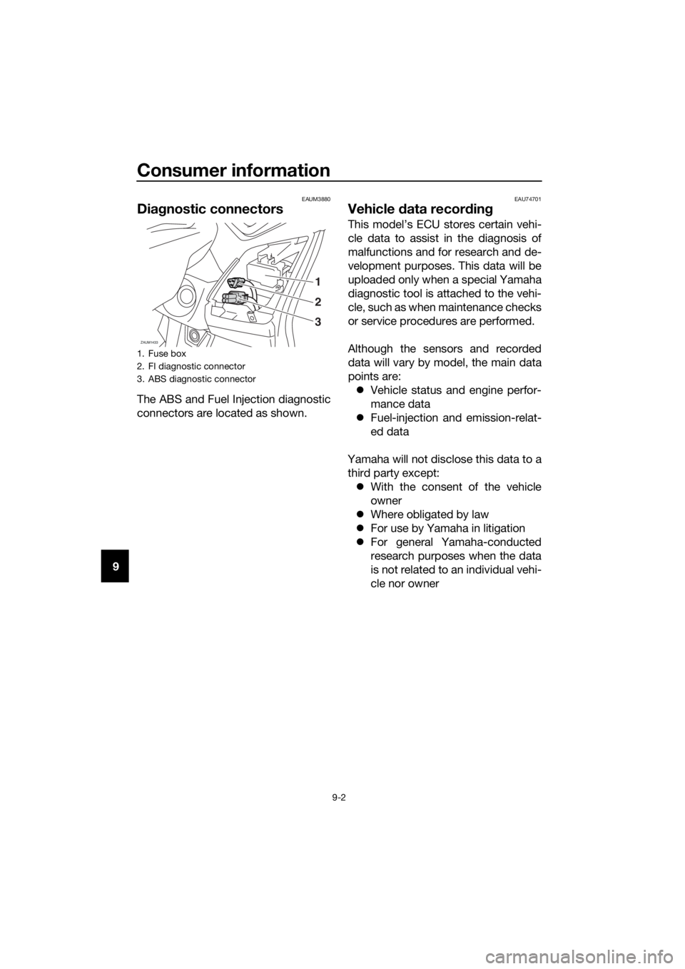 YAMAHA XMAX 125 2017  Owners Manual Consumer information
9-2
9
EAUM3880
Diagnostic connectors
The ABS and Fuel Injection diagnostic
connectors are located as shown.
EAU74701
Vehicle data recording
This model’s ECU stores certain vehi-