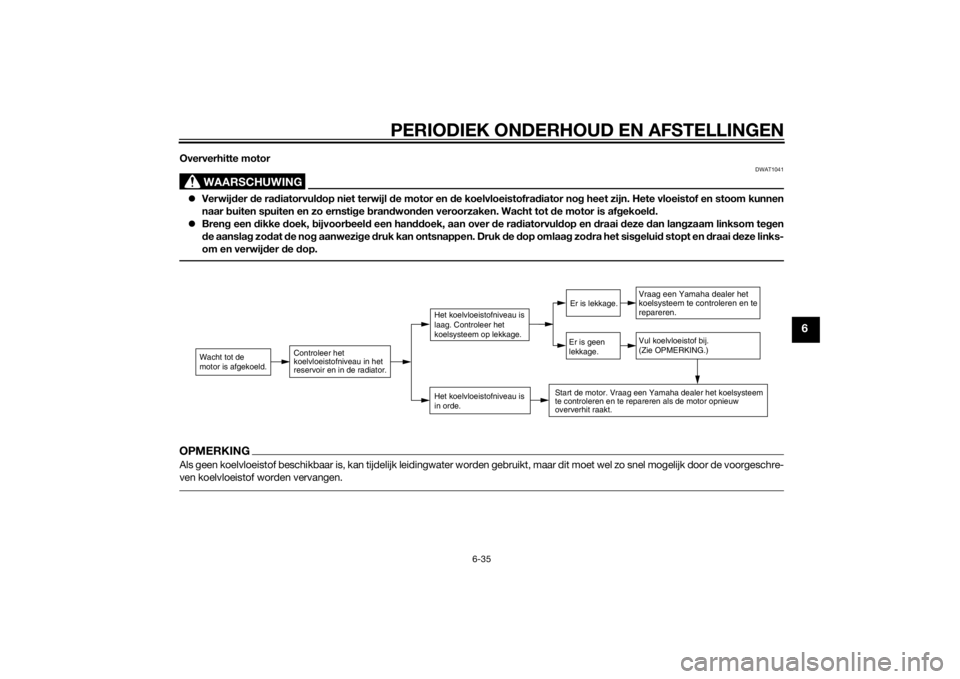 YAMAHA XMAX 125 2014  Instructieboekje (in Dutch) PERIODIEK ONDERHOUD EN AFSTELLINGEN
6-35
6
Oververhitte motor
WAARSCHUWING
DWAT1041
Verwijder de radiatorvuldop niet terwijl de motor en de koelvloeistofradiator nog heet zijn. Hete vloeistof en st