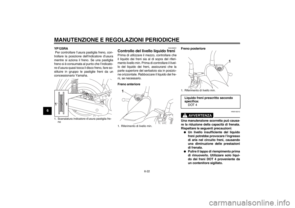 YAMAHA XMAX 125 2013 Manuale duso (in Italian) MANUTENZIONE E REGOLAZIONI PERIODICHE
6-22
6
YP125RA
Per controllare l’usura pastiglia freno, con-
trollare la posizione dell’indicatore d’usura
mentre si aziona il freno. Se una pastiglia
fren YAMAHA XMAX 125 2013 Manuale duso (in Italian) MANUTENZIONE E REGOLAZIONI PERIODICHE
6-22
6
YP125RA
Per controllare l’usura pastiglia freno, con-
trollare la posizione dell’indicatore d’usura
mentre si aziona il freno. Se una pastiglia
fren