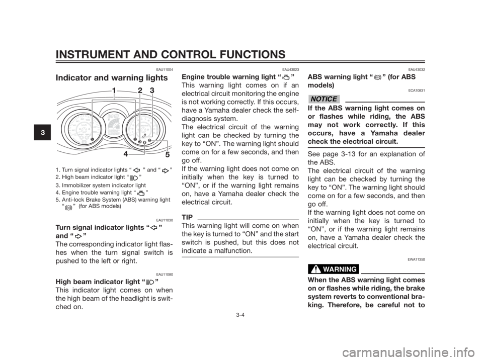 YAMAHA XMAX 125 2012  Owners Manual EAU11004
Indicator and warning lights
1. Turn signal indicator lights “ ” and “ ”
2. High beam indicator light “ ”
3. Immobilizer system indicator light
4. Engine trouble warning light “