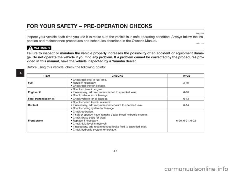 YAMAHA XMAX 125 2012  Owners Manual FOR YOUR SAFETY – PRE-OPERATION CHECKS
4-1
4
EAU15596
Inspect your vehicle each time you use it to make sure the vehicle is in safe operating condition. Always follow the ins-
pection and maintenanc