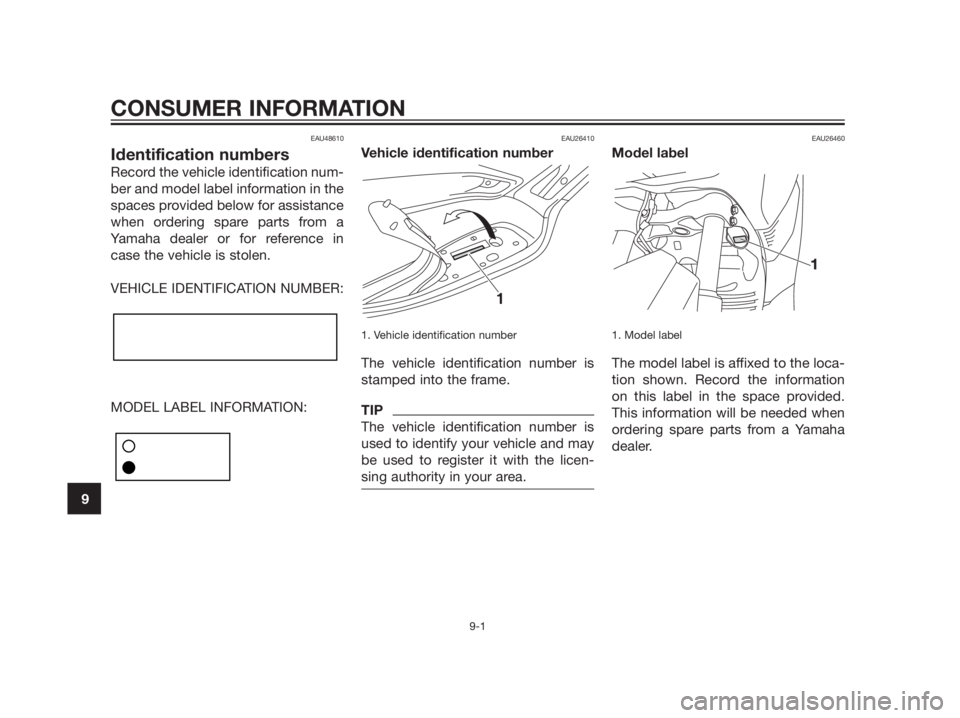 YAMAHA XMAX 125 2012 Manual Online EAU48610
Identification numbers
Record the vehicle identification num-
ber and model label information in the
spaces provided below for assistance
when ordering spare parts from a
Yamaha dealer or for