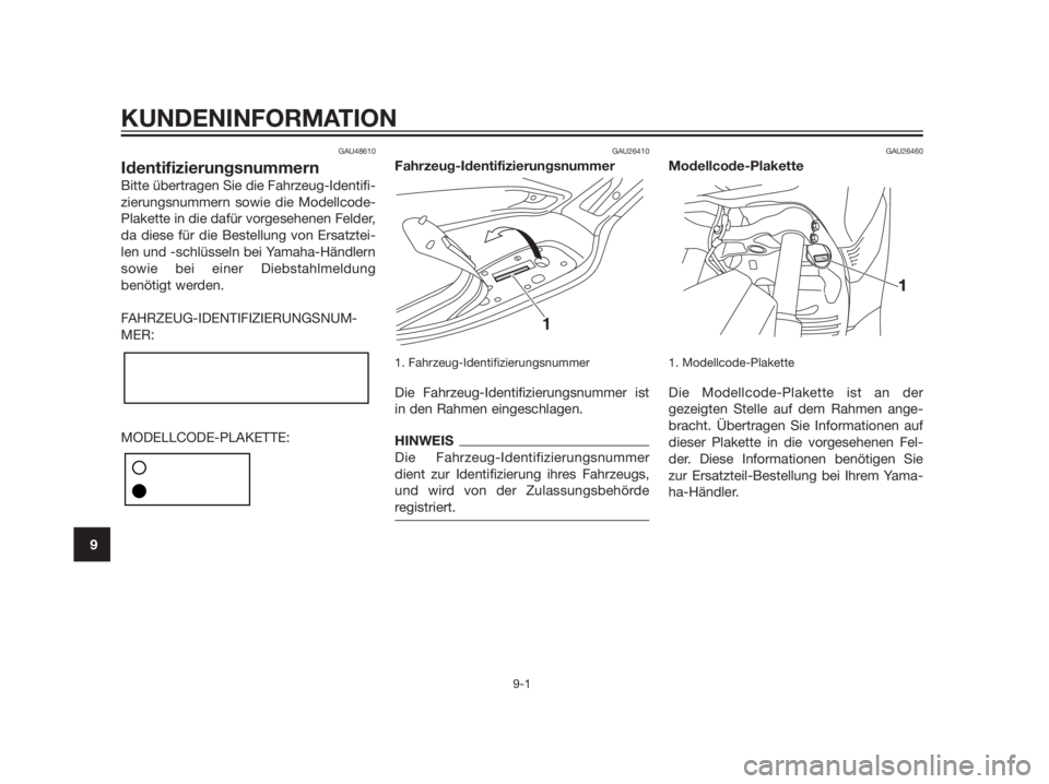 YAMAHA XMAX 125 2012  Betriebsanleitungen (in German) GAU48610
Identifizierungsnummern
Bitte übertragen Sie die Fahrzeug-Identifi-
zierungsnummern sowie die Modellcode-
Plakette in die dafür vorgesehenen Felder,
da diese für die Bestellung von Ersatzt