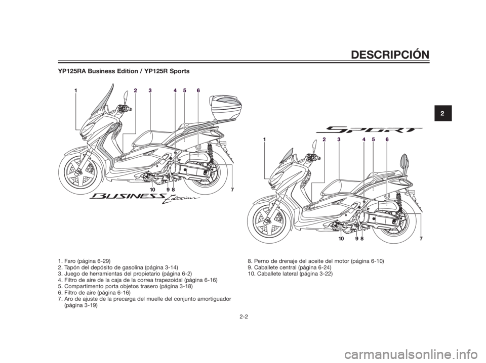 YAMAHA XMAX 125 2012  Manuale de Empleo (in Spanish) YP125RA Business Edition / YP125R Sports
DESCRIPCIÓN
2-2
2
1. Faro (página 6-29)
2. Tapón del depósito de gasolina (página 3-14)
3. Juego de herramientas del propietario (página 6-2)
4. Filtro d