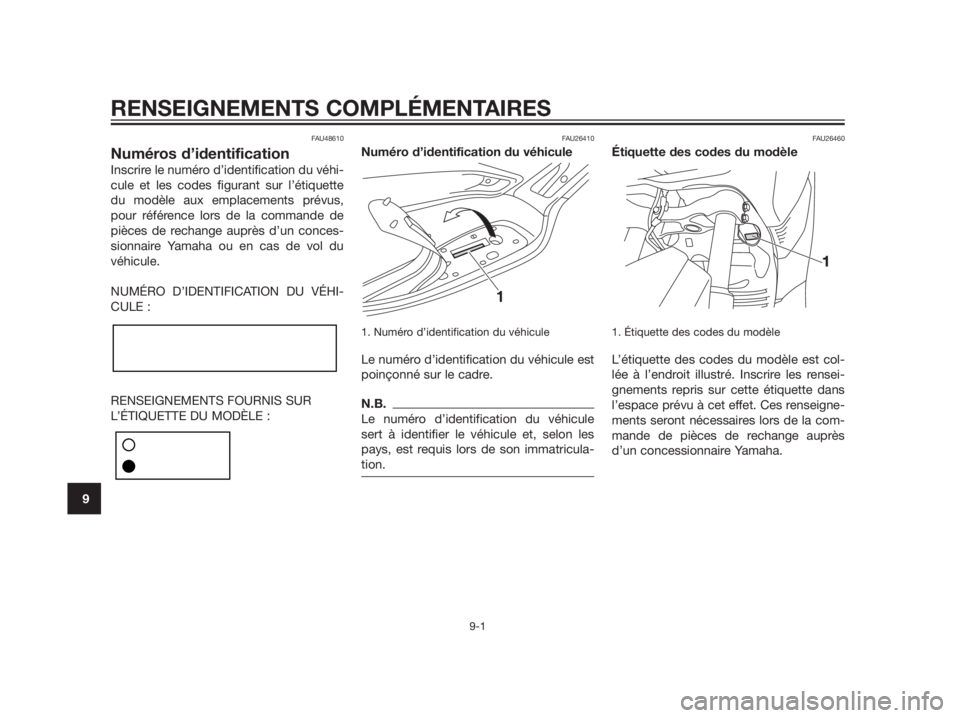 YAMAHA XMAX 125 2012  Notices Demploi (in French) FAU48610
Numéros d’identification
Inscrire le numéro d’identification du véhi-
cule et les codes figurant sur l’étiquette
du modèle aux emplacements prévus,
pour référence lors de la com