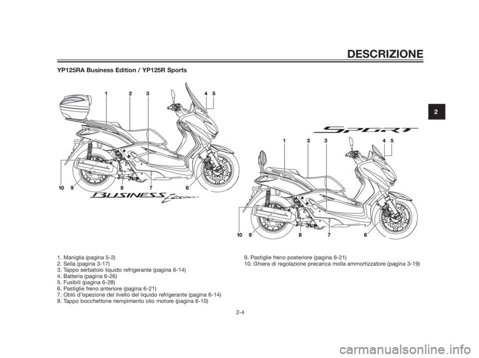 YAMAHA XMAX 125 2012  Manuale duso (in Italian) YP125RA Business Edition / YP125R Sports
DESCRIZIONE
2-4
2
1. Maniglia (pagina 5-2)
2. Sella (pagina 3-17)
3. Tappo serbatoio liquido refrigerante (pagina 6-14)
4. Batteria (pagina 6-26)
5. Fusibili (