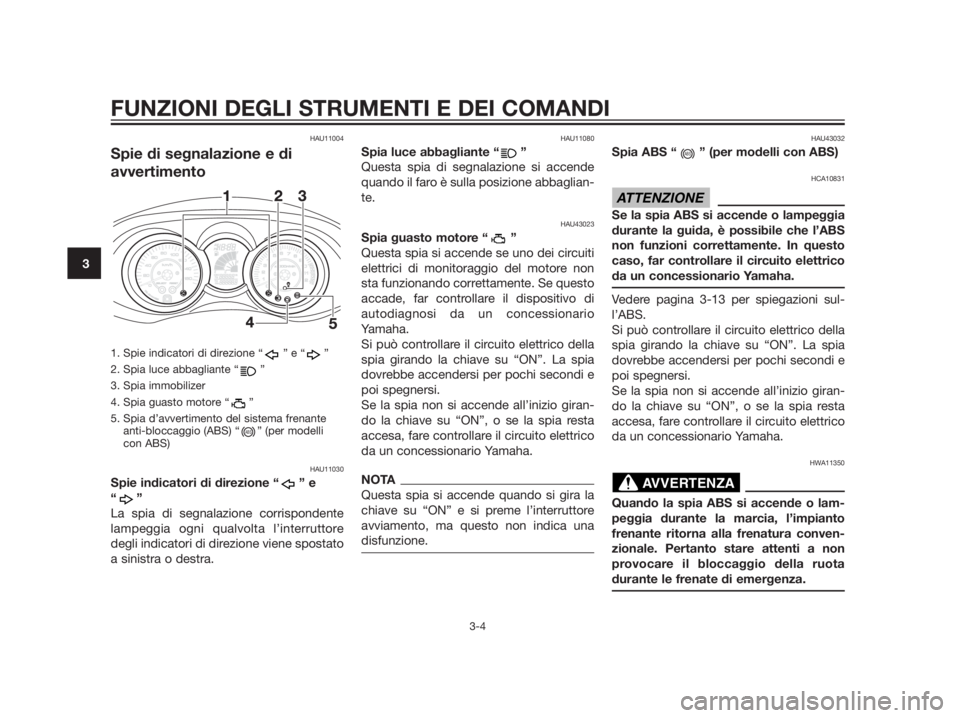 YAMAHA XMAX 125 2012  Manuale duso (in Italian) HAU11004
Spie di segnalazione e di
avvertimento
1. Spie indicatori di direzione “ ” e “ ”
2. Spia luce abbagliante “ ”
3. Spia immobilizer
4. Spia guasto motore “ ”
5. Spia d’avverti