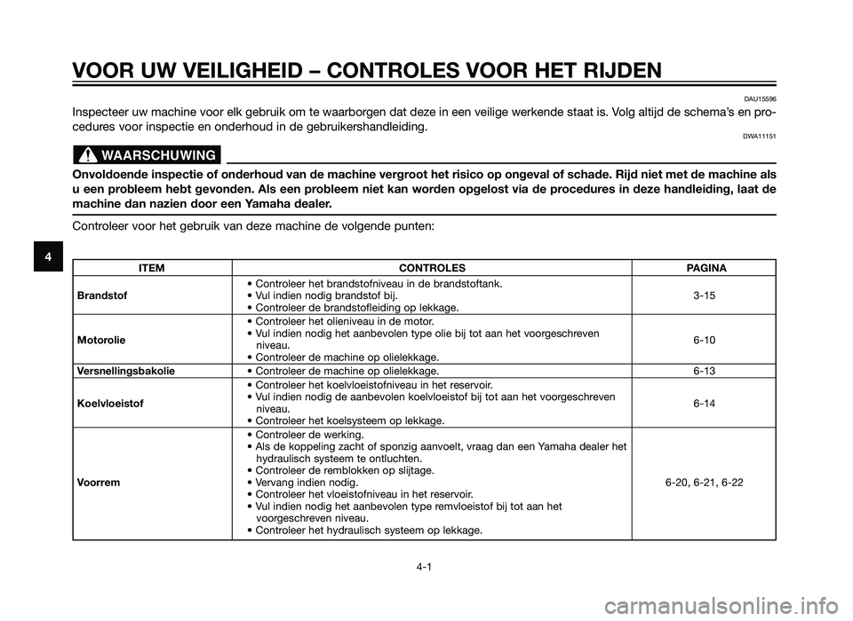 YAMAHA XMAX 125 2012 Instructieboekje (in Dutch) VOOR UW VEILIGHEID – CONTROLES VOOR HET RIJDEN
4-1
4
DAU15596
Inspecteer uw machine voor elk gebruik om te waarborgen dat deze in een veilige werkende staat is. Volg altijd de schema’s en pro-
ced YAMAHA XMAX 125 2012 Instructieboekje (in Dutch) VOOR UW VEILIGHEID – CONTROLES VOOR HET RIJDEN
4-1
4
DAU15596
Inspecteer uw machine voor elk gebruik om te waarborgen dat deze in een veilige werkende staat is. Volg altijd de schema’s en pro-
ced