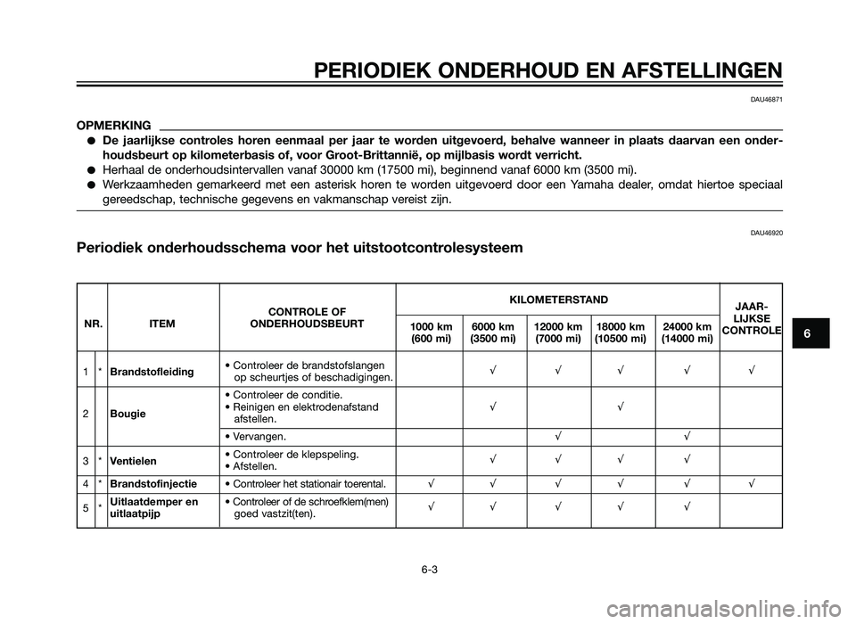 YAMAHA XMAX 125 2012  Instructieboekje (in Dutch) PERIODIEK ONDERHOUD EN AFSTELLINGEN
6-3
6
DAU46871
OPMERKING
�De jaarlijkse controles horen eenmaal per jaar te worden uitgevoerd, behalve wanneer in plaats daarvan een onder-
houdsbeurt op kilometerb