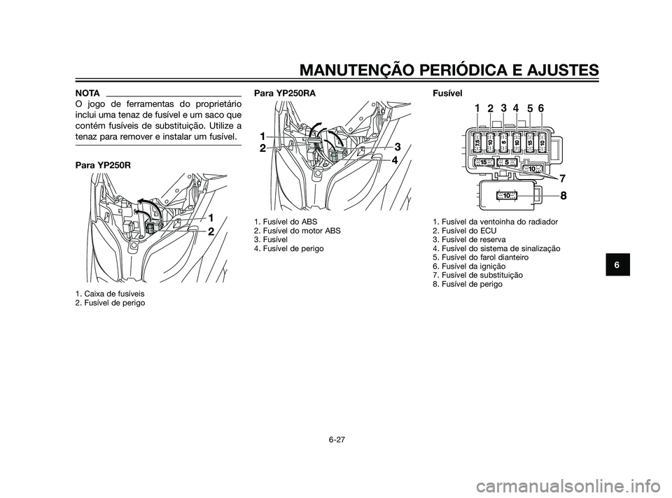 YAMAHA XMAX 125 2012  Manual de utilização (in Portuguese) NOTA
O jogo de ferramentas do proprietário
inclui uma tenaz de fusível e um saco que
contém fusíveis de substituição. Utilize a
tenaz para remover e instalar um fusível.
Para YP250R
1. Caixa de