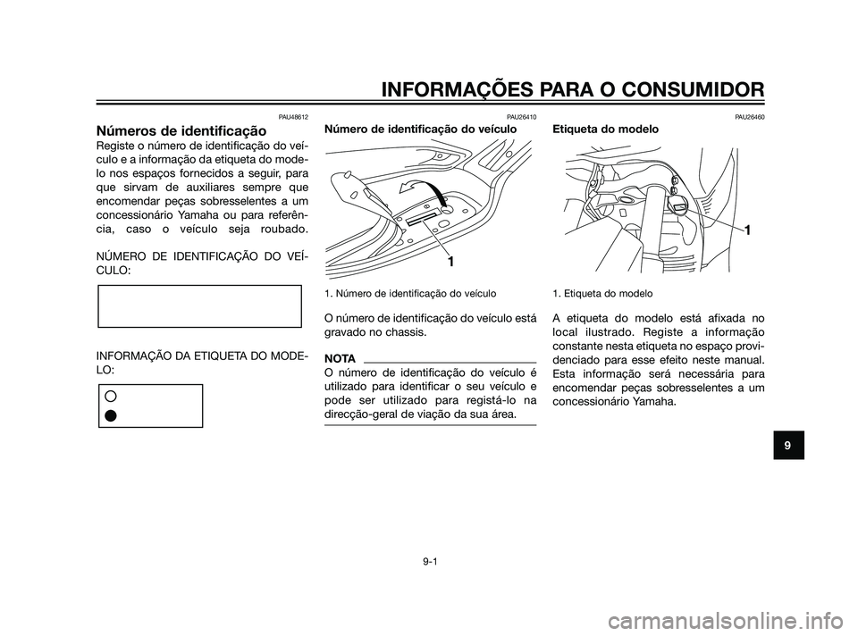 YAMAHA XMAX 125 2012  Manual de utilização (in Portuguese) PAU48612
Números de identificação
Registe o número de identificação do veí-
culo e a informação da etiqueta do mode-
lo nos espaços fornecidos a seguir, para
que sirvam de auxiliares sempre 