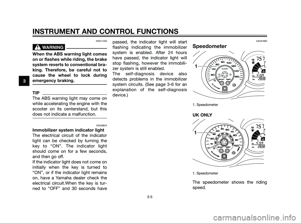 YAMAHA XMAX 125 2011 User Guide EWA11350
When the ABS warning light comes
on or flashes while riding, the brake
system reverts to conventional bra-
king. Therefore, be careful not to
cause the wheel to lock during
emergency braking.