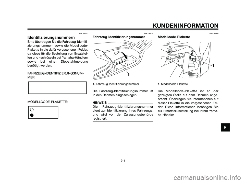 YAMAHA XMAX 125 2011  Betriebsanleitungen (in German) GAU48610
Identifizierungsnummern
Bitte übertragen Sie die Fahrzeug-Identifi-
zierungsnummern sowie die Modellcode-
Plakette in die dafür vorgesehenen Felder,
da diese für die Bestellung von Ersatzt