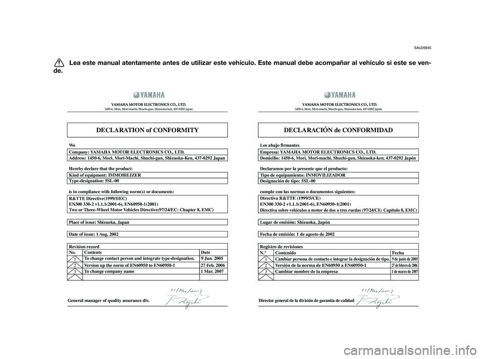 YAMAHA XMAX 125 2011  Manuale de Empleo (in Spanish) SAU26945
Lea este manual atentamente antes de utilizar este vehículo. Este manual debe acompañar al vehículo si este se ven-
de.
DECLARATION of CONFORMITY
�  	
	
  
� 