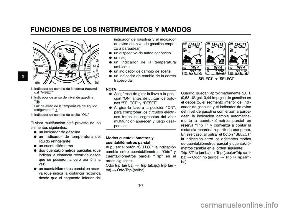 YAMAHA XMAX 125 2011 Manuale de Empleo (in Spanish) 1. Indicador de cambio de la correa trapezoi-dal “V-BELT”
2. Indicador de aviso del nivel de gasolina “”
3. Luz de aviso de la temperatura del líquido refrigerante “ ”
4. Indicador de cam YAMAHA XMAX 125 2011 Manuale de Empleo (in Spanish) 1. Indicador de cambio de la correa trapezoi-dal “V-BELT”
2. Indicador de aviso del nivel de gasolina “”
3. Luz de aviso de la temperatura del líquido refrigerante “ ”
4. Indicador de cam