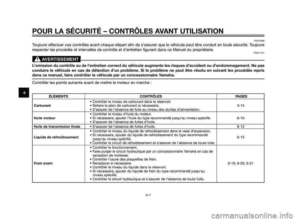 YAMAHA XMAX 125 2011 Notices Demploi (in French) POUR LA SÉCURITÉ – CONTRÔLES AVANT UTILISATION
4-1
4
FAU15596
Toujours effectuer ces contrôles avant chaque départ afin de s’assurer que le véhicule peut être conduit en toute sécurité. T YAMAHA XMAX 125 2011 Notices Demploi (in French) POUR LA SÉCURITÉ – CONTRÔLES AVANT UTILISATION
4-1
4
FAU15596
Toujours effectuer ces contrôles avant chaque départ afin de s’assurer que le véhicule peut être conduit en toute sécurité. T