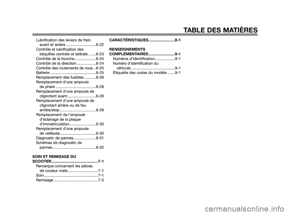 YAMAHA XMAX 125 2011  Notices Demploi (in French) Lubrification des leviers de frein 
avant et arrière ............................6-22
Contrôle et lubrification des 
béquilles centrale et latérale .......6-23
Contrôle de la fourche ............