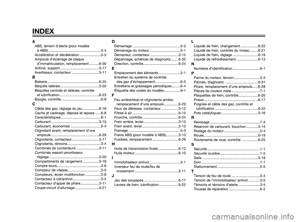 YAMAHA XMAX 125 2011 Notices Demploi (in French) AABS, témoin d’alerte (pour modèle
à ABS) ......................................................3-4
Accélération et décélération ......................5-3
Ampoule d’éclairage de plaque
d YAMAHA XMAX 125 2011 Notices Demploi (in French) AABS, témoin d’alerte (pour modèle
à ABS) ......................................................3-4
Accélération et décélération ......................5-3
Ampoule d’éclairage de plaque
d
