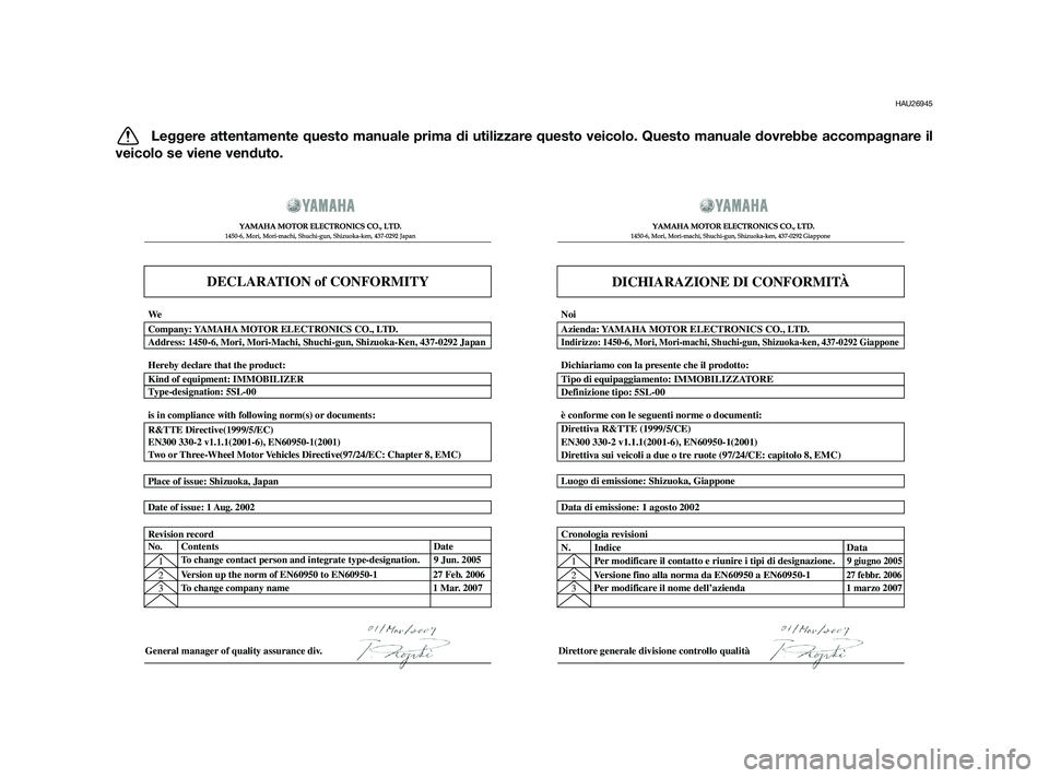 YAMAHA XMAX 125 2011  Manuale duso (in Italian) HAU26945
Leggere attentamente questo manuale prima di utilizzare questo veicolo. Questo manuale dovrebbe accompagnare il
veicolo se viene venduto.
DECLARATION of CONFORMITY
�  	
	
 