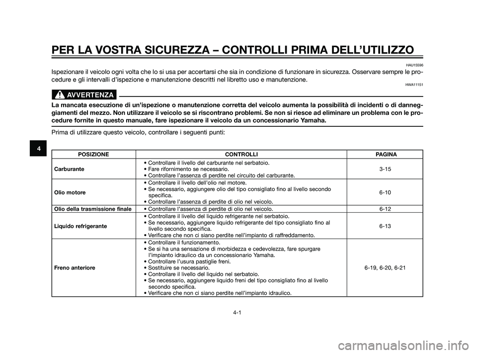 YAMAHA XMAX 125 2011  Manuale duso (in Italian) PER LA VOSTRA SICUREZZA – CONTROLLI PRIMA DELL’UTILIZZO
4-1
4
HAU15596
Ispezionare il veicolo ogni volta che lo si usa per accertarsi che sia in condizione di funzionare in sicurezza. Osservare se