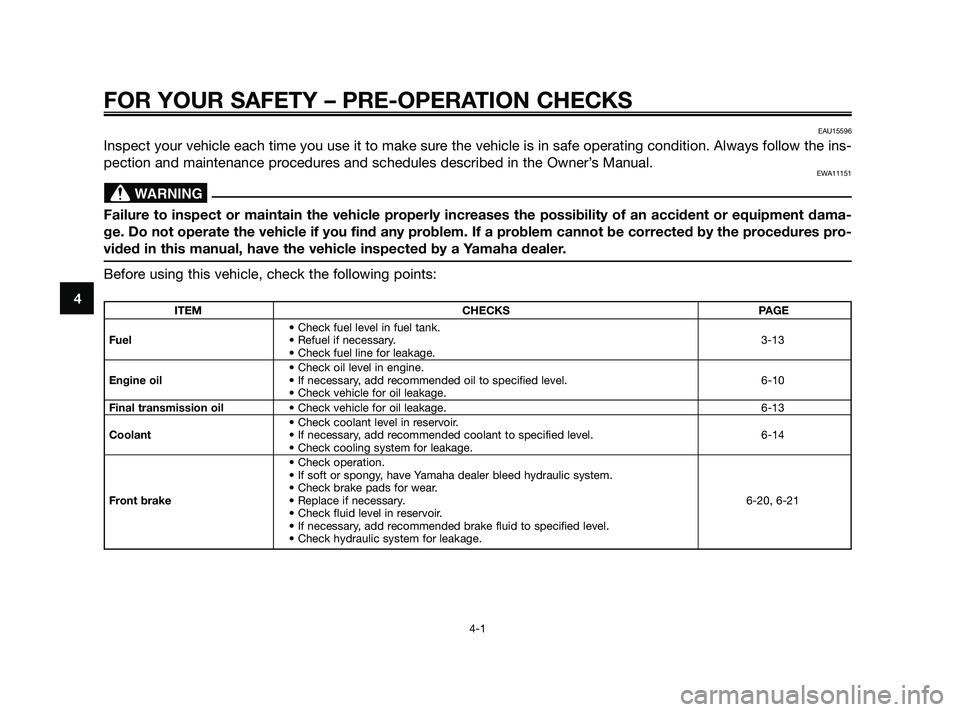 YAMAHA XMAX 125 2010 Owners Guide FOR YOUR SAFETY – PRE-OPERATION CHECKS
4-1
4
EAU15596
Inspect your vehicle each time you use it to make sure the vehicle is in safe operating condition. Always follow the ins-
pection and maintenanc