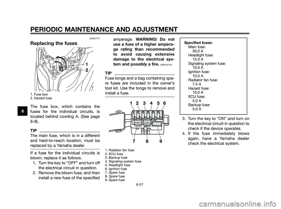 YAMAHA XMAX 125 2010 Repair Manual EAUS1771
Replacing the fuses
1. Fuse box 
2. Hazard fuse
The fuse box, which contains the
fuses for the individual circuits, is
located behind cowling A. (See page
6-8). 
TIP
The main fuse, which is i