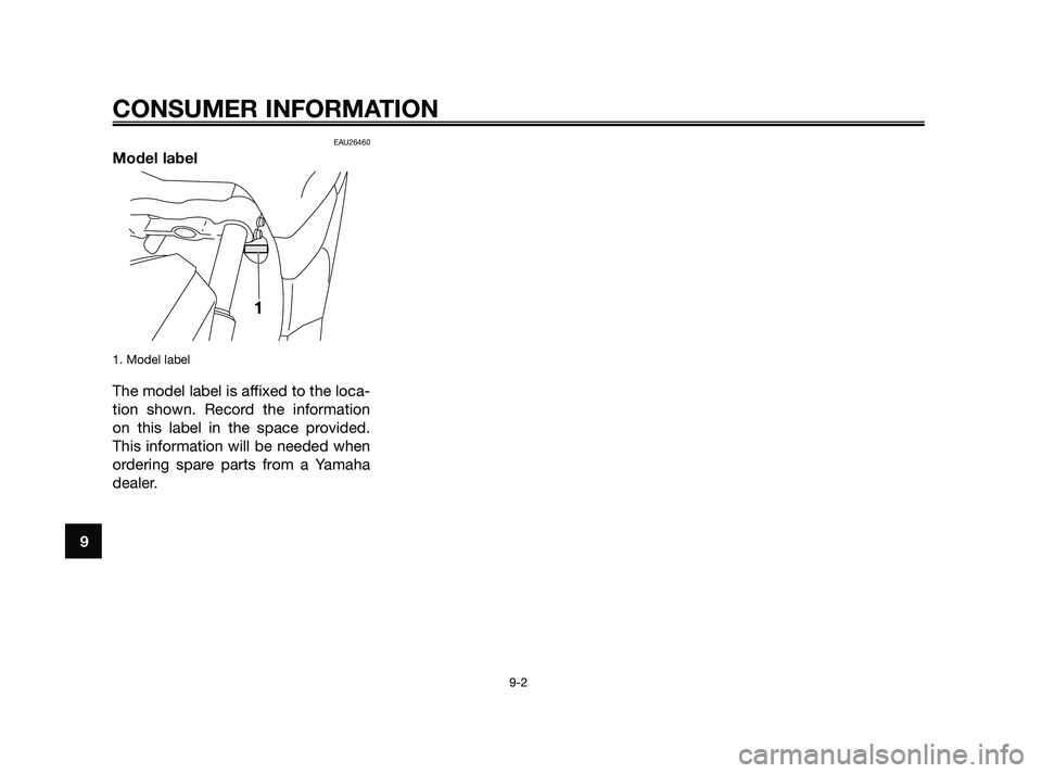 YAMAHA XMAX 125 2010 Manual Online EAU26460
Model label
1. Model label
The model label is affixed to the loca-
tion shown. Record the information
on this label in the space provided.
This information will be needed when
ordering spare YAMAHA XMAX 125 2010 Manual Online EAU26460
Model label
1. Model label
The model label is affixed to the loca-
tion shown. Record the information
on this label in the space provided.
This information will be needed when
ordering spare